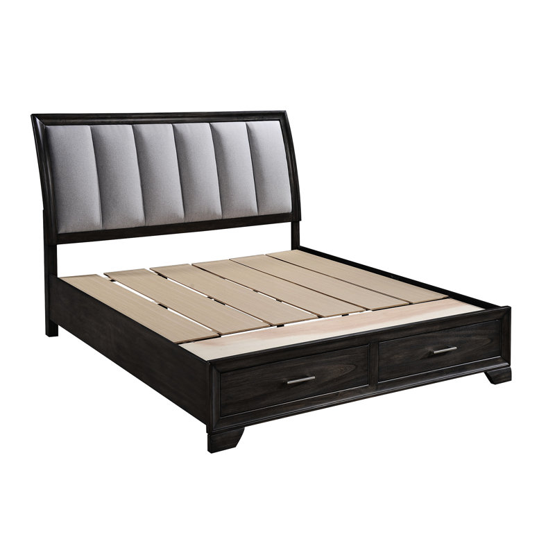 Lit de rangement contemporain à très grande tête de lit pour très grand lit, finition grise, bois massif, deux tiroirs, détails français avec dos anglais