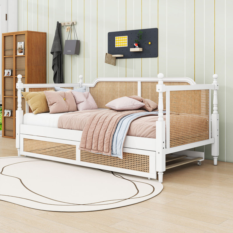 Wooden Daybed with Trundle and Durable Construction, Twin, Antique White