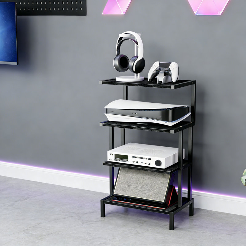 4-Tier Gaming Media Stand, Wooden Electronics Shelves For Video Game Consoles & AV Equipment, Black