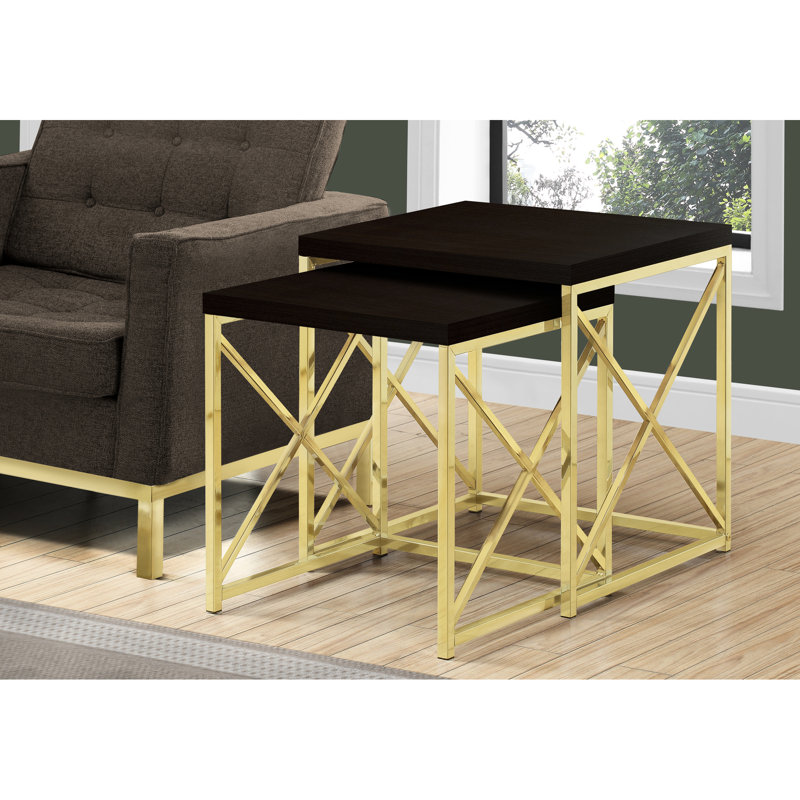 2 tables gigognes, décorations en métal avec surface en stratifié brun, tables de décoration de salon moderne, cadre, stratifié, design élégant pour et