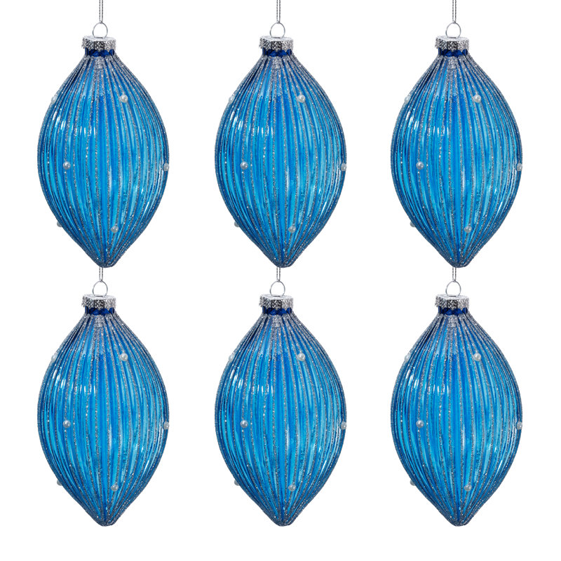 Ornements de Noël en verre saphir pailleté en forme de larme, lot de 6, 3,25 po x 5,75 po