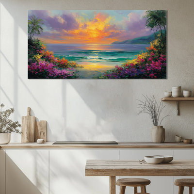  Art tropical sur toile, coucher de soleil tropical, décoration murale côtière pour salon au-dessus du canapé, œuvre d'art tendue tendue avec châssis, prête à être suspendue, 16 po x 32 po
