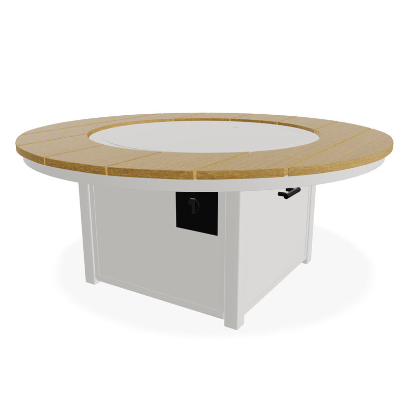 54" Round Rustic Polymer Fire Table with Propane Shelf, Snow/Teak