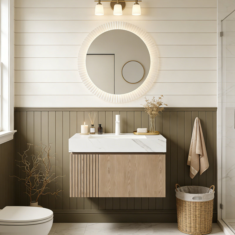 Meuble-lavabo flottant avec espace de rangement multifonctionnel et trou de robinet simple, Marron clair, 30"