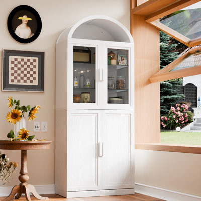 Armoire de cuisine autoportante moderne 67 po à 4 portes avec portes supérieures en verre trempé et tablettes réglables
