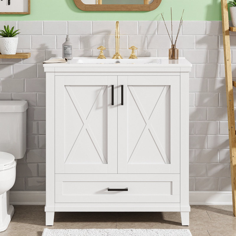 Meuble-lavabo moderne 30 po avec lavabo en céramique, portes à fermeture en douceur et tiroir divisé pour les petits espaces