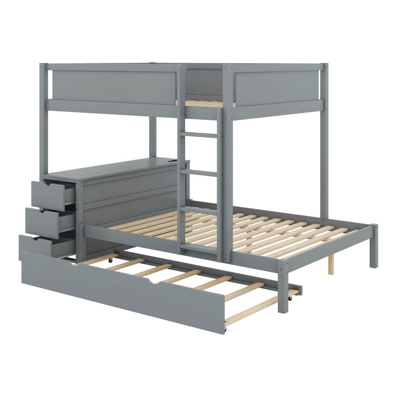Bunk Bed With Trundle And Desk, Gray, Twin Over Twin