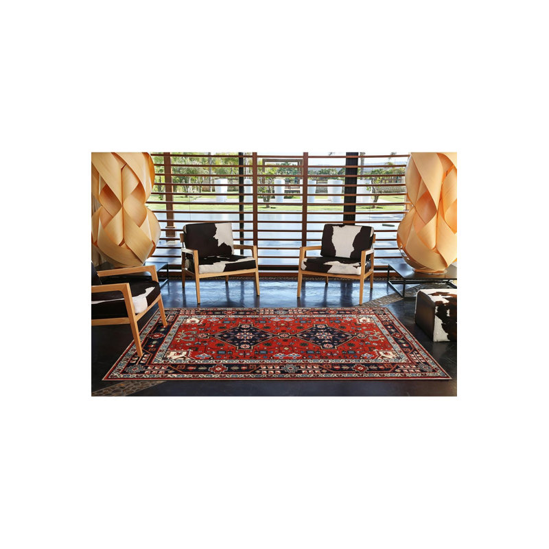 Tapis décoratif tissé à motif géométrique moderne à motif géométrique de ton rouge lavable à la machine, Carré 4 pi 11 po