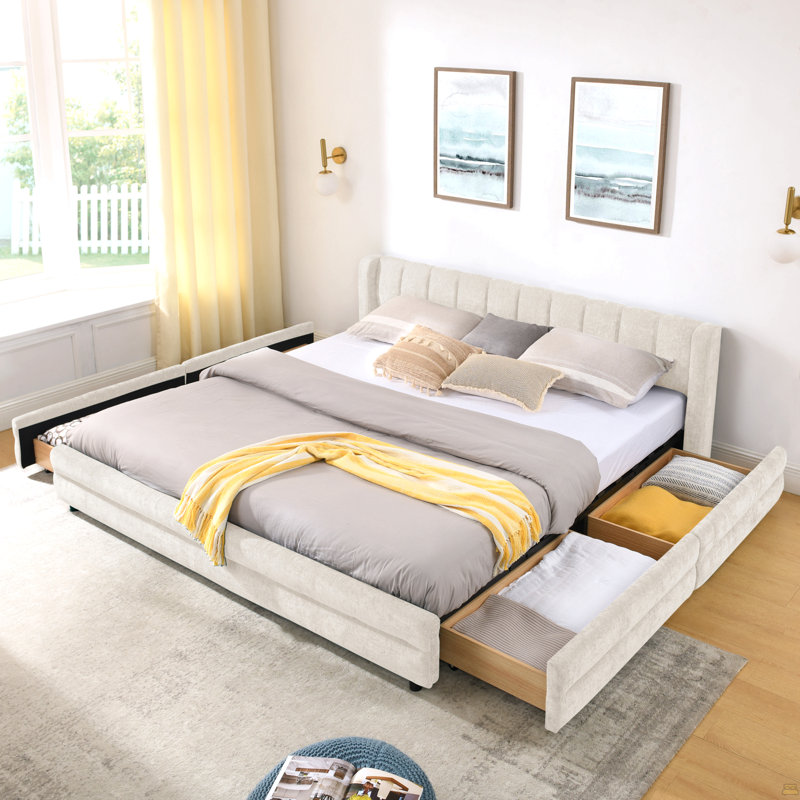 Très grand cadre de lit tapissier avec tissu épais, cadre de lit tapissier, tissu chenille, Beige, Très grand lit