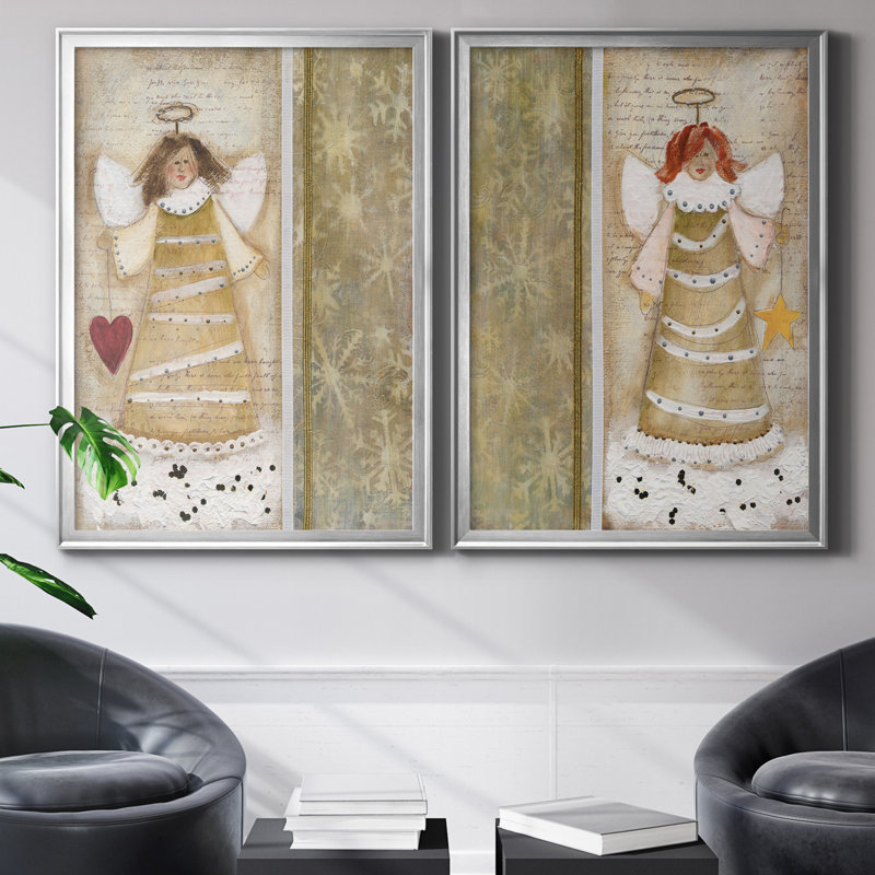 «Cloud Angel with Heart», ensemble de 2 peintures, H 22,5 po x l 61 po x P 1,5 po, Toile encadrée argentée, Pas de tapis