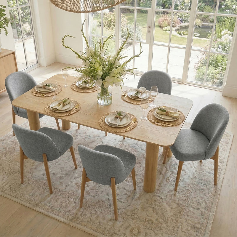 Ensemble de salle à manger 7 pièces rectangulaire en bois massif avec 6 chaises en lin, Gris