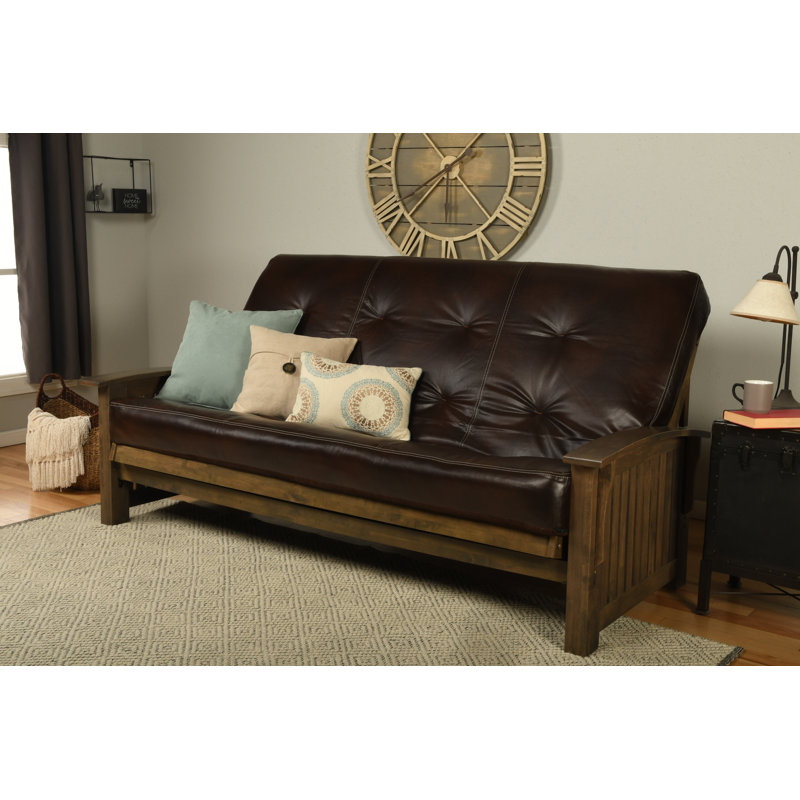 Stratford Queen 87" Wide Faux Leather Tufted Back Futon and Mattress, Oregon Trail Java Faux Leather