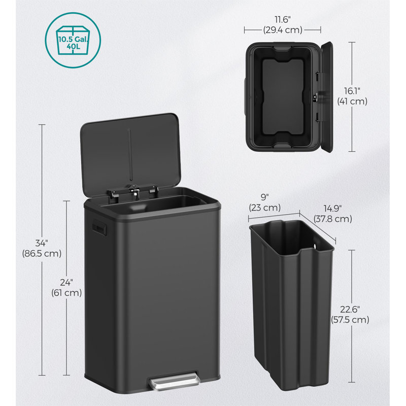 10.5-Gallon Ink Black Stainless Steel Pedal Trash Can