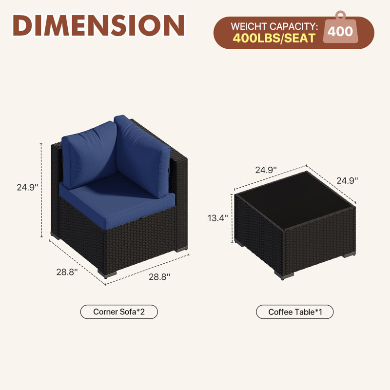 3 -Person Rattan Patio Safo With Cushions, Blue, Black