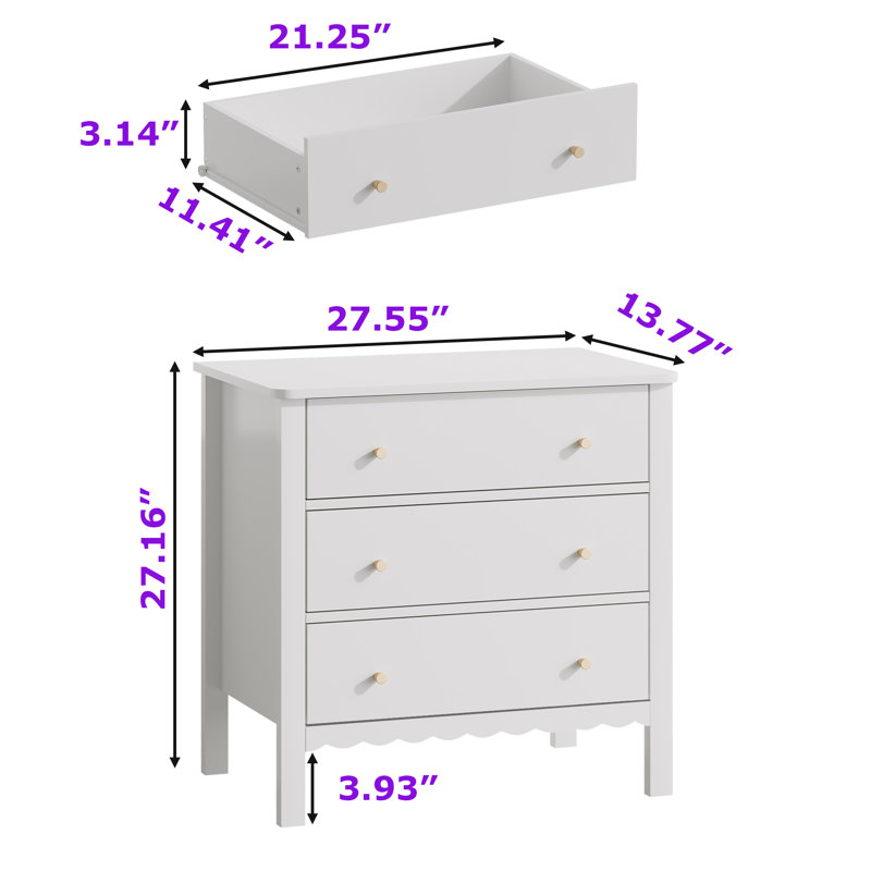 Commode 3 tiroirs l 27,55 "avec boutons dorés et fond festonné, table de chevet avec armoire de rangement