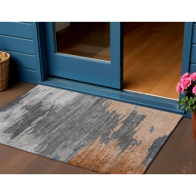 3' X 5' Rust And Gray Abstract Washable Indoor Outdoor Area Rug