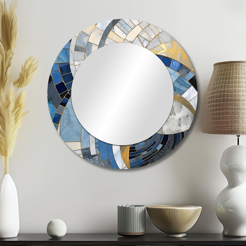 Gold Constructing Blue Realms I - grand miroir de formes abstraites, miroir mural décoratif rond moderne, impression d'art en métal