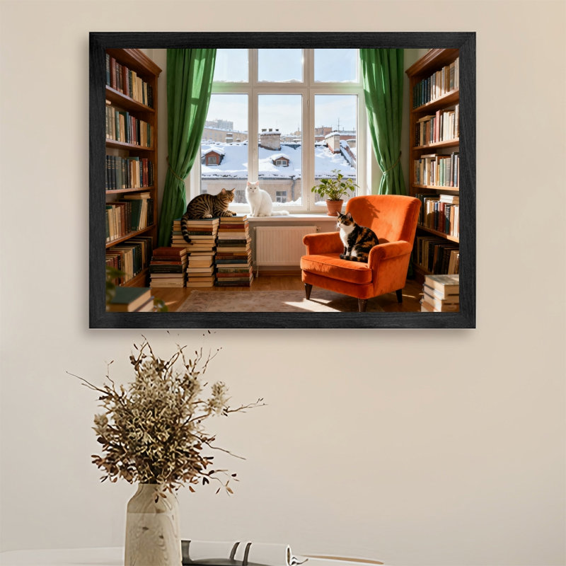 Reproduction d'art encadrée noire, "Les chats dans la bibliothèque ensoleillée", H 9 po x l 11 po