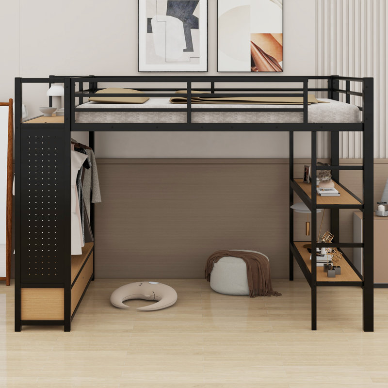 Lit mezzanine avec garde-robe, tablettes de rangement et panneau perforé, Double
