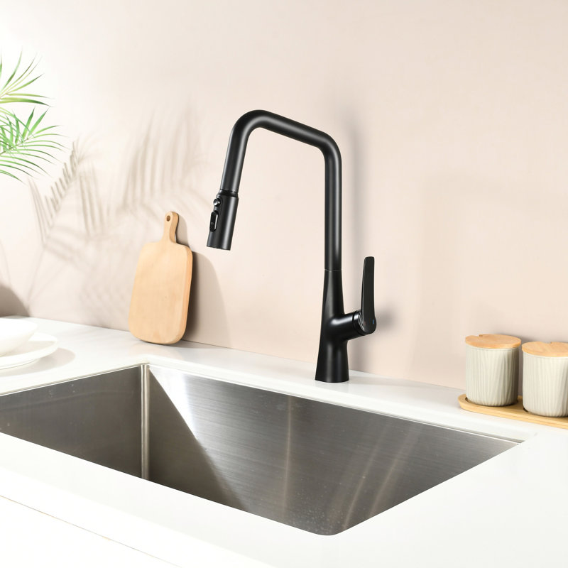 Matte Black, Kitchen Faucet, 3 Function, 360 , One Touch Switching, 23.6 In Pull-Out Hose, Water Flow Modes, Single Hole Installation, , Heavy-Duty Metal Body, Ceramic Cartridge Valve, Nylon Lines