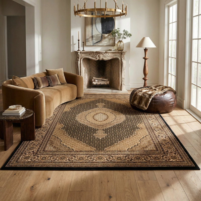 Tapis d'intérieur / noir à motif de médaillon persan noir / beige 5 pi x 7 pi (5 pi 3 po x 7 pi 5 po) Branch Living Faris - tapis, salon, chambre, salle à manger et cuisine