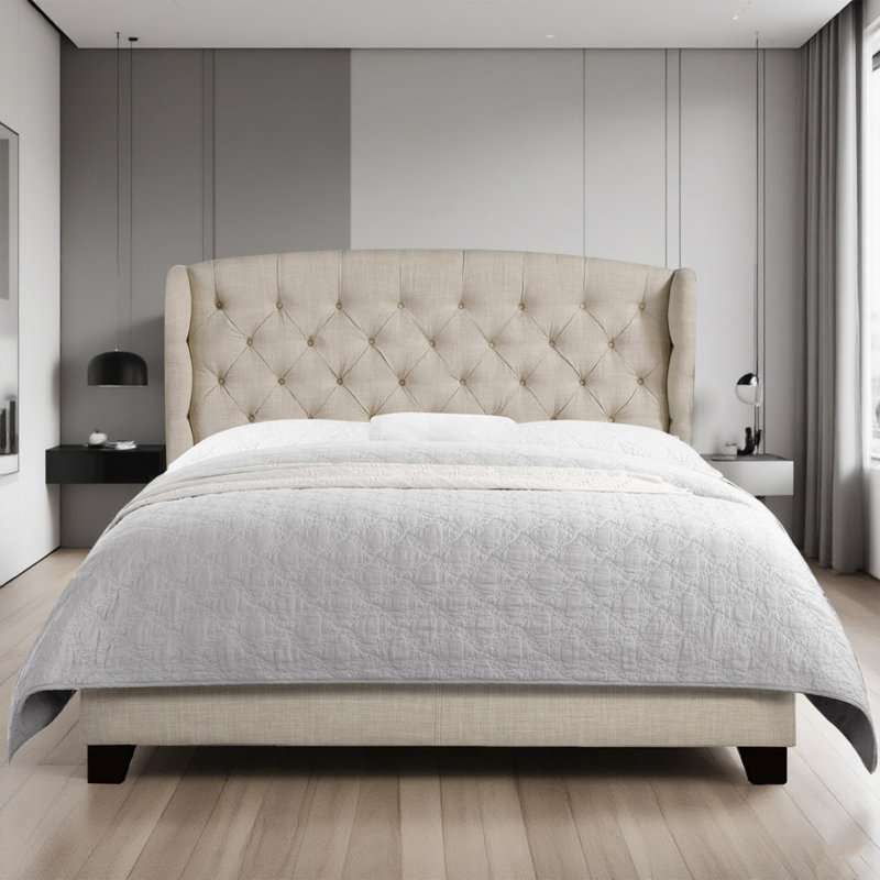 Fabric Upholstered Bed,Tufted Headboard Adjustable Height Bed Frame, Beige, Twin