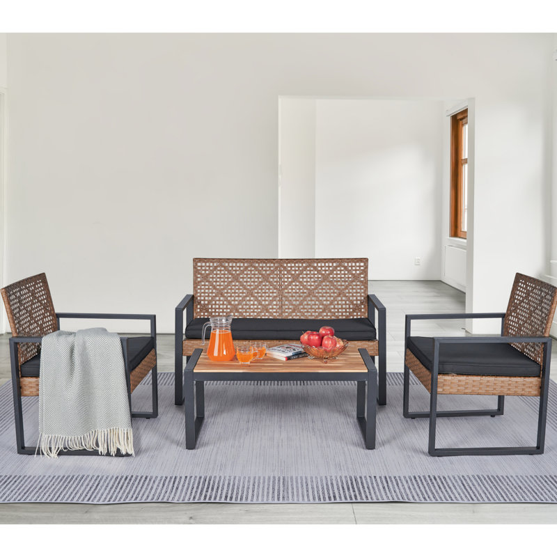 4 sièges de patio de jardin: table, brun, coussins de pluie - groupe: tissu