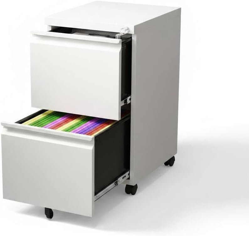 Classeur en métal robuste à 2 tiroirs avec serrure, rangement mobile pour dossiers, White