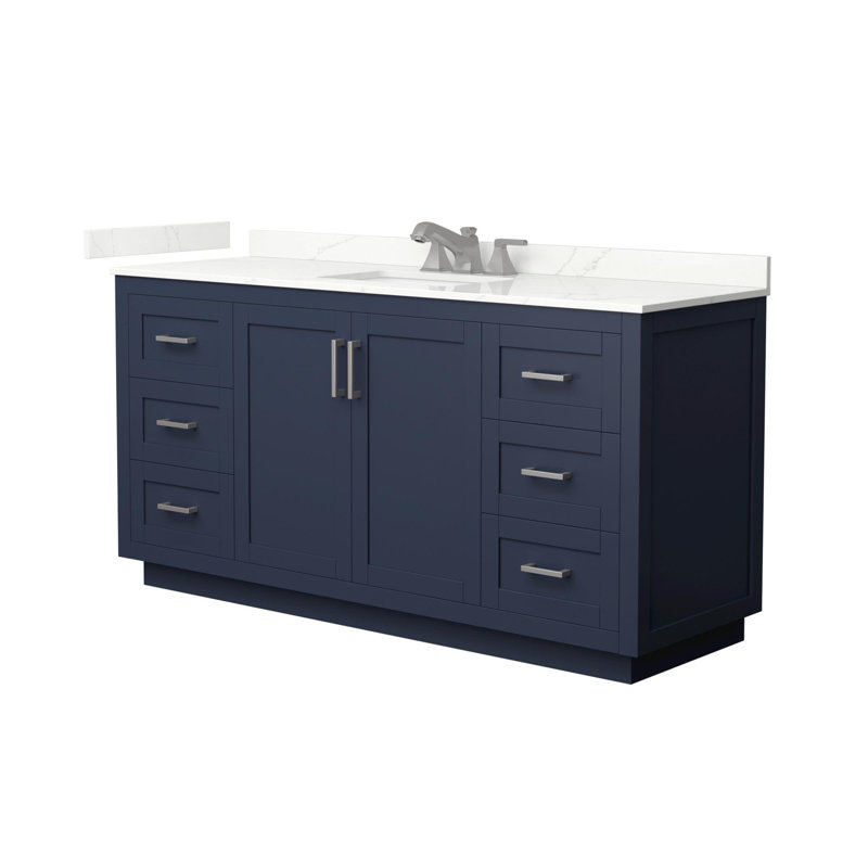 Meuble-lavabo simple autoportant de 66 po avec plateau en quartz Miranda, Bleu foncé, Quartz Giotto, Nickel brossé