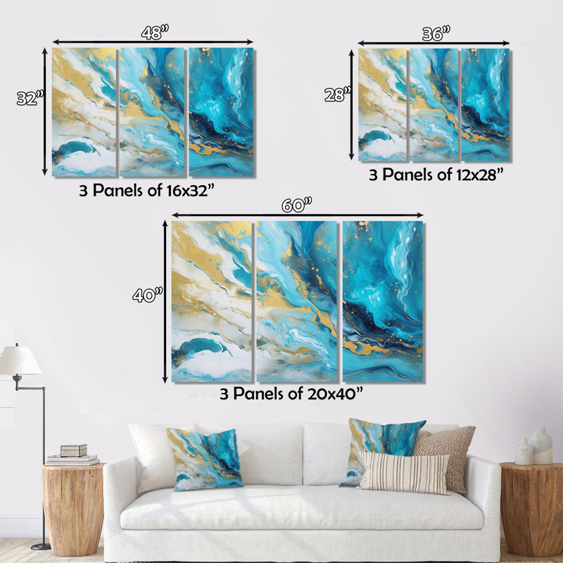 Turquoise doré infusé marbre III - 3 pièces sur toile tendue, H 28 po x l 36 po x P 1 po