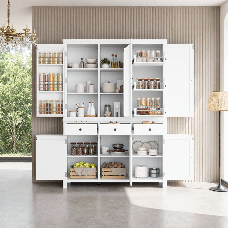 Armoire de cuisine surdimensionnée autoportante avec 6 portes réglables et plateaux coulissants, Blanc