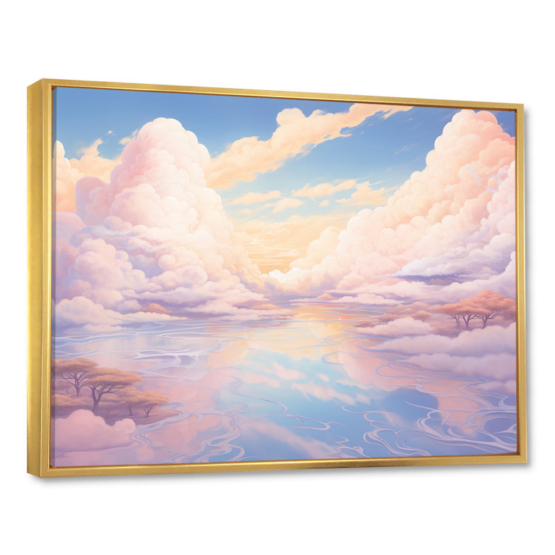 «Kawaii Clouds Landscape II», reproduction sur toile, Cadre flottant doré, H 34 po x l 44 po