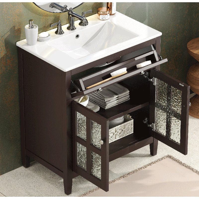 Meuble-lavabo 30 po avec lavabo en céramique, tablettes réglables et plateau réversible, brun foncé, Brun