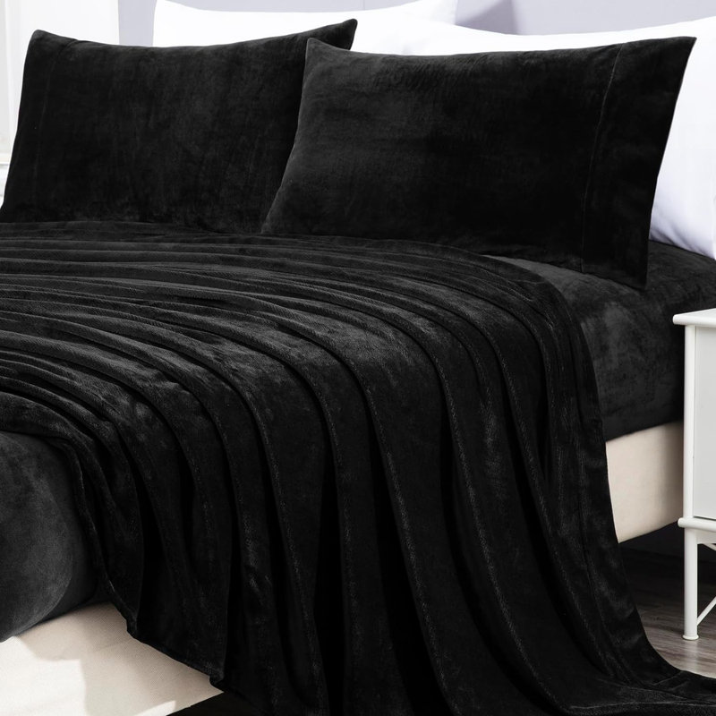 Soft Fleece Sheet Set, Black, Full Sheet Set with 2 Pillowcases
