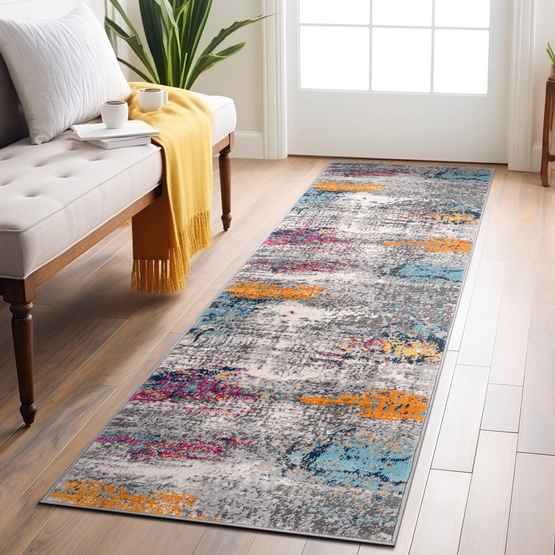Raimunda Abstract Performance Gray/Pink/Ivory Multi Rug, Runner 2' x 7'
