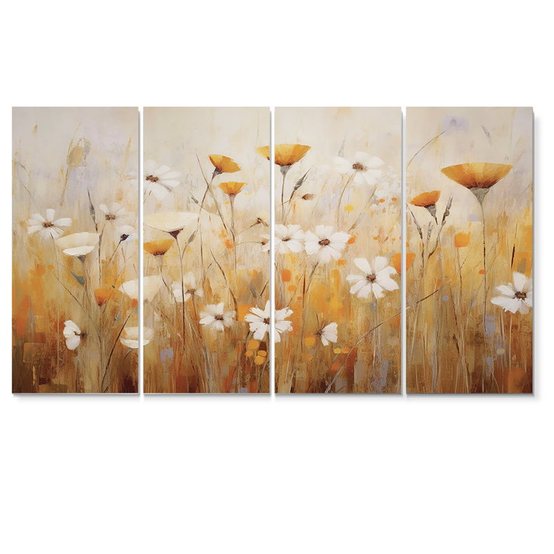 «White Marguerite in Wheatfield II», ensemble d'art mural 4 fleurs sauvages, H 32 po x l 64 po