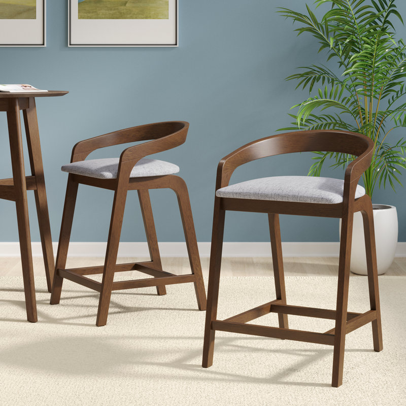 Gurnaik Wood Upholstered Counter Stool, Light Gray, Natural Walnut