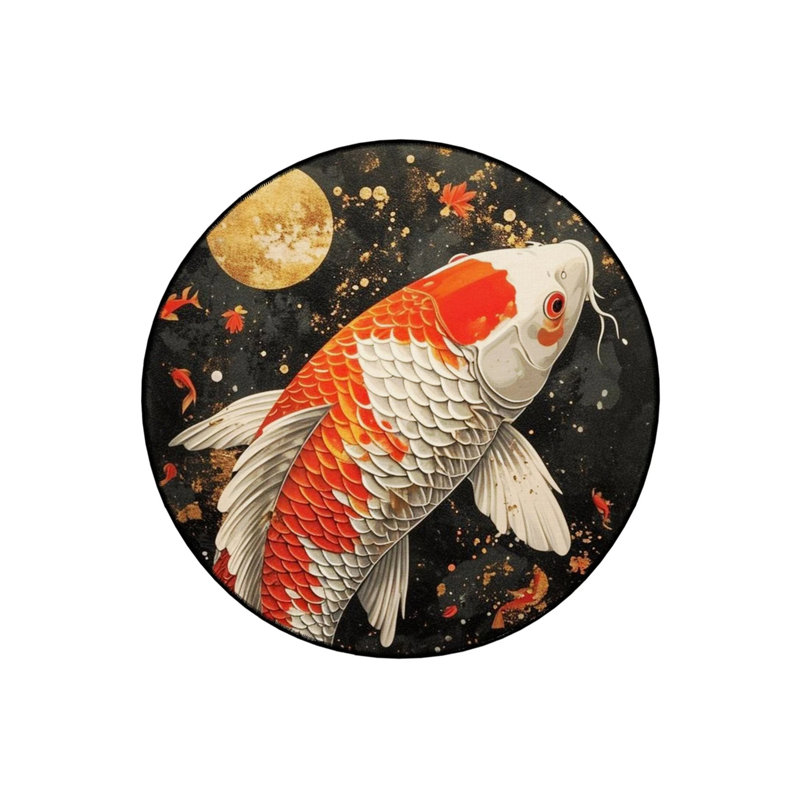 Koi Fish Patterned Woven Base Modern Decorative Carpet, Round 3'4"