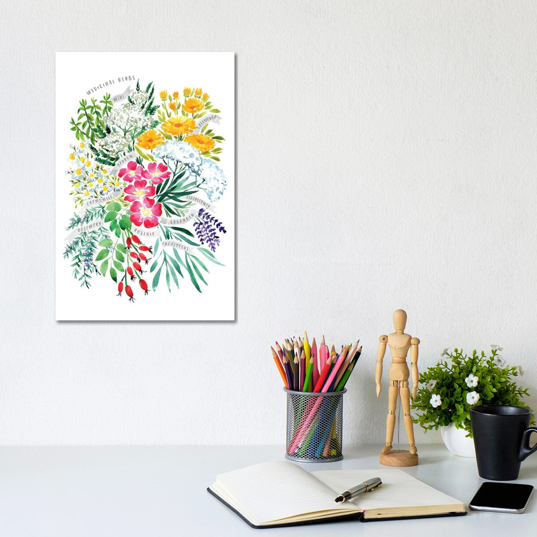 Heilkräuter Bouquet In Aquarell von Blursbyai - No Frame Gallery-Wrapped Canvas Giclée on Canvas