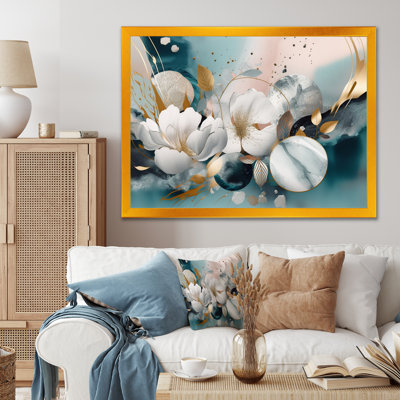 «Blue Marble Gold Floral Impressions V», art mural sur toile florale