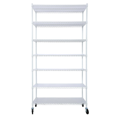 Étagère métallique à 7 niveaux, pouvant supporter jusqu'à 1111 kg (2450 lb), robuste et réglable, avec roulettes et tapis protecteur pour étagères. Idéal pour les armoires, cuisines, garages, caves et espaces commerciaux. Dimensions : 207 cm (81,5 po) H x 122 cm (48 po) L x 46 cm (18 po) P, blanche.
