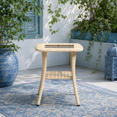 Square Outdoor PE Wicker Side Table with Glass Top and Lower Storage Shelf