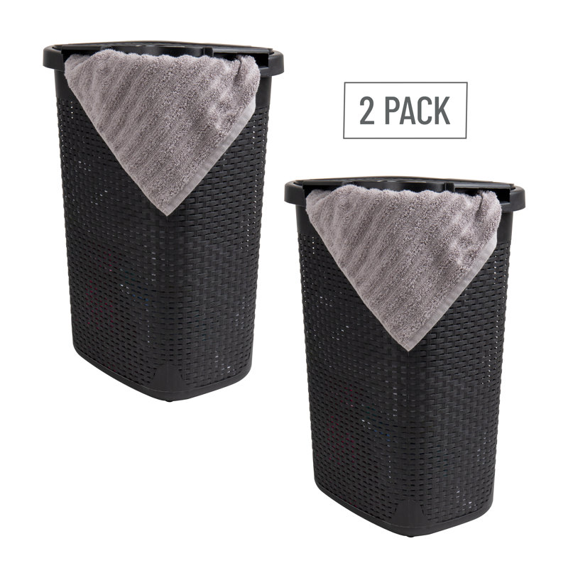  Panier à linge mince 60 L, panier à linge, couvercle, style osier, plastique, Noir