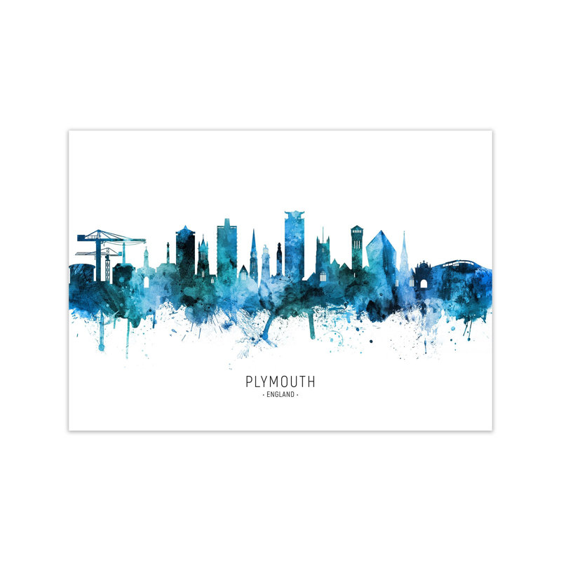 Plymouth England Skyline Blue City Name by Michael Tompsett - Print, 30cm H x 42cm W x 1cm D, Unframed
