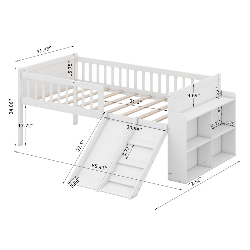 Structure de lit simple avec glissoire et tablette de rangement, lit plateforme en bois avec échelle et garde-corps, lit avec rangement sous le lit