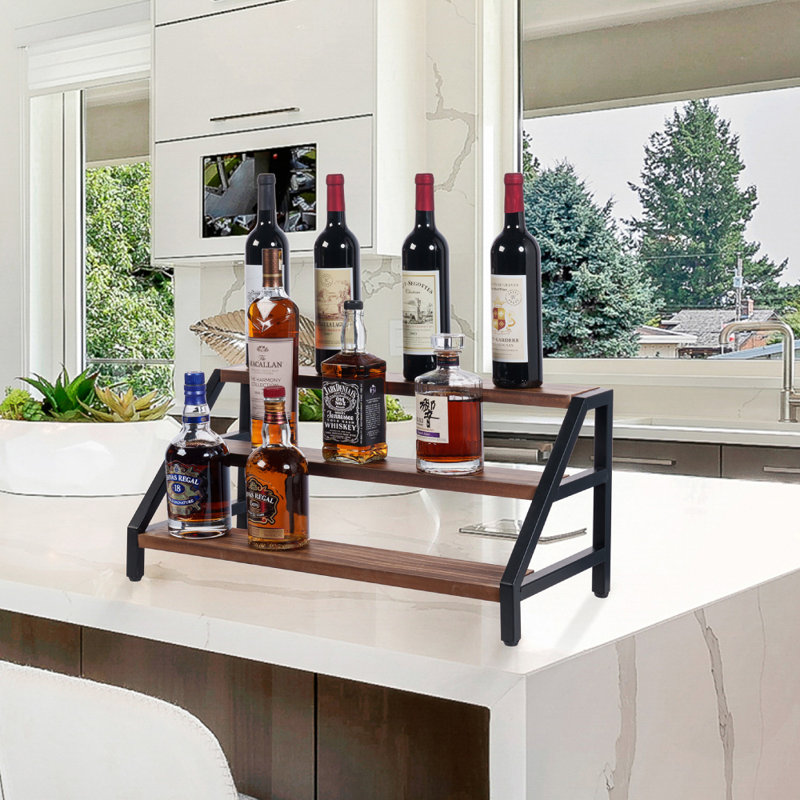 10 Bottle Metal/Solid Wood Tabletop Wine Bottle Rack in Black/Brown 
