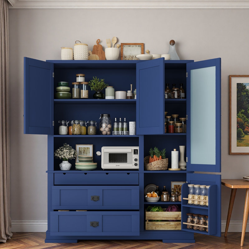 Grande armoire de cuisine avec huche, tiroirs et tablettes réglables Nelson, Blue
