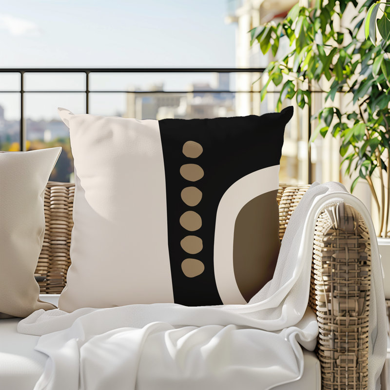Oreiller carré réversible intérieur / extérieur Tobe Minimalist, H 15 po x l 15 po, Beige / noir / blanc cassé