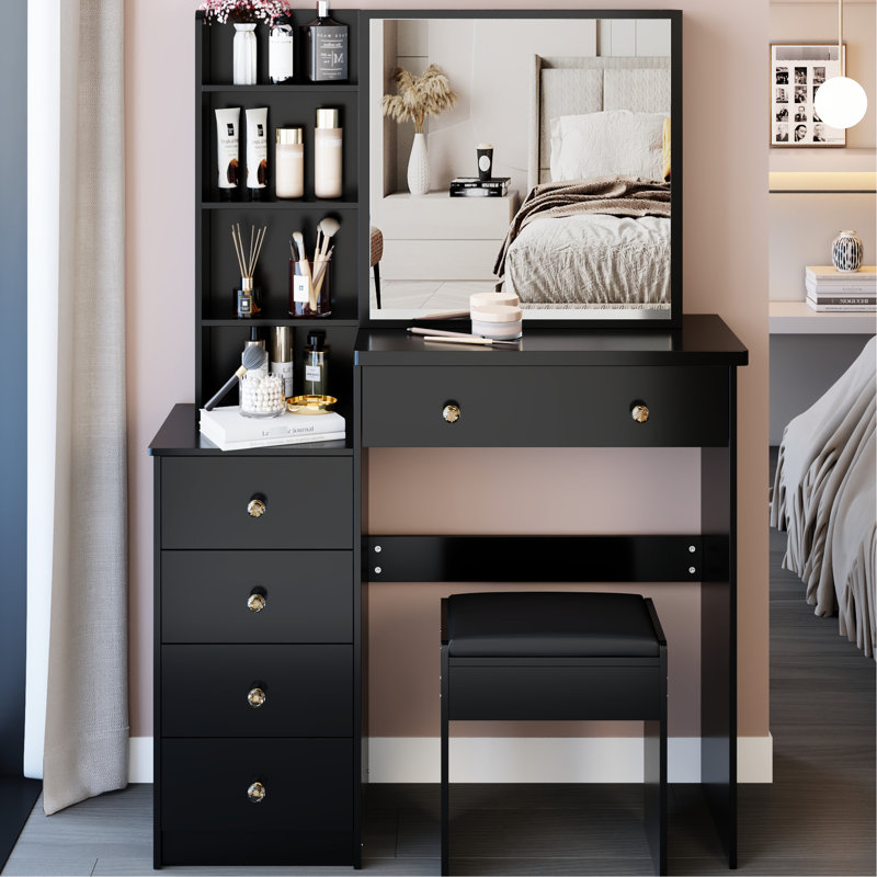 Coiffeuse de 94 cm avec tabouret rembourré, miroir coulissant de 61 x 56 cm, rangement à plusieurs niveaux, style américain, noir, pour les espaces de taille moyenne.