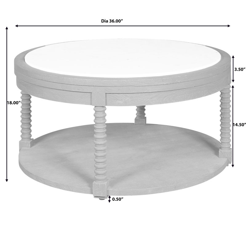 Round Brown Wood Cocktail Table with Marble Top